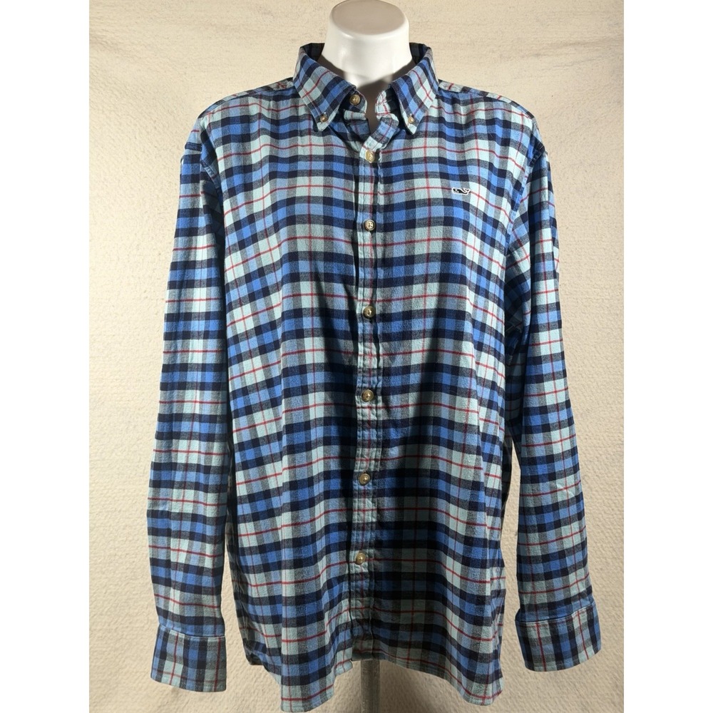 Vineyard Vines Mens XL Plaid Flannel Shirt Blue Preppy Coastal Button Down